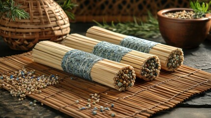 alternative medicine banner featuring acupuncture needles and herbal remedies arranged on a bamboo mat against a peaceful background