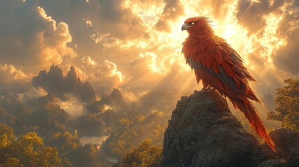 Wall Mural - majestic winged creature perched on craggy cliff overlooking fantastical landscape bathed in ethereal sunlight