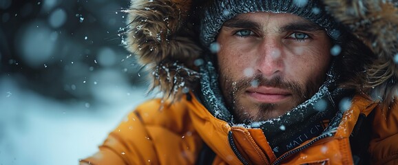 Wall Mural - A close-up portrait of a man with a beard, wearing a winter jacket and hat, looking into the camera with a serious expression as snowflakes fall around him.