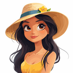 Wall Mural - A woman wearing a yellow hat and a yellow bikini top. She is smiling and posing for the camera