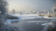 © watz - Snowy winter scene with small houses by a frozen lake.