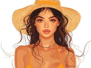 Wall Mural - A woman with long hair and a yellow hat. She is wearing a yellow bikini top and a yellow bikini bottom