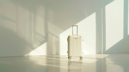 A white suitcase stands alone in a bright, minimalist space, casting shadows on the floor. Sunlight highlights its smooth surface, emphasizing simplicity and elegance