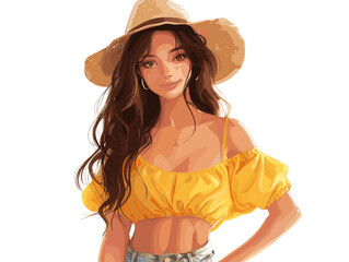 Wall Mural - A woman with long brown hair is wearing a yellow dress and a straw hat. She is smiling and looking at the camera. The image has a bright and cheerful mood, with the yellow dress