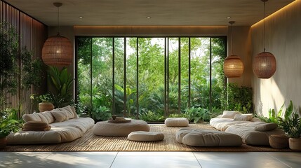 Poster - minimalist ecointerior with natural textures hanging plants reclaimed wood furniture and large windows framing lush greenery