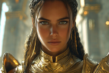 intense elven female warrior in golden armor within a grand hall