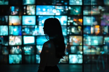 Silhouette of a person against abstract screens illustrating digital multitasking and entertainment