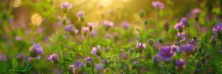 purple false saw wort wildflower in a lush israeli meadow with shallow depth of field and copy space
