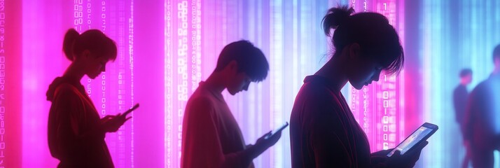 Aufkleber - Individuals with bowed heads check their smartphones while surrounded by digital numbers, conveying a theme of virtual isolation. Generative AI