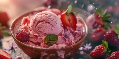 Wall Mural - Stock photo of strawberry summer ice dessert in creamer