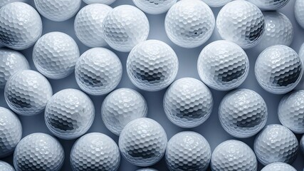 Wall Mural - Many golf balls together closeup isolated on white. Textured background of used golf balls. Professional sports industry, equipment hobby participation. White golf balls background. Banner. Close up 