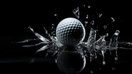 Wall Mural - Golf ball close-up on a black background of broken glass. Textured background made from a used golf ball. White golf ball on a black background. Banner. Close up