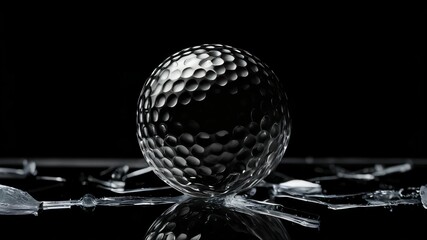 Wall Mural - Golf ball close-up on a black background of broken glass. Textured background made from a used golf ball. White golf ball on a black background. Banner. Close up