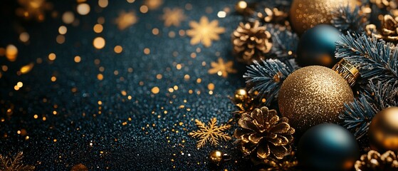 Wall Mural - Golden and Blue Christmas Ornaments with Pine Cones and Snow-Covered Fir Branches