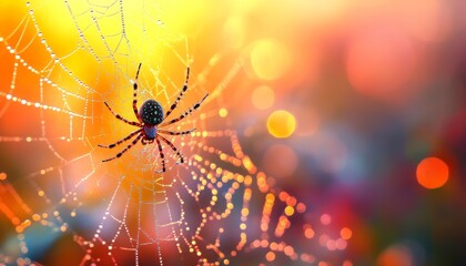 Colorful spider resting on intricate web sparkling with dew in the glowing early morning light