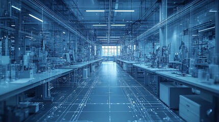 Blueprint of hightech research facility with lab layouts and advanced machinery