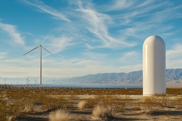 Hydrogen energy storage tank for clean power with solar and wind turbines in background