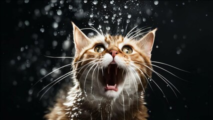 Angry wet cat splashing water. Head of a dissatisfied cat washed wet closeup on a black background with water drops. Funny cat with wet fur that has a mouth open. Surprised cat