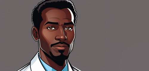 The man with a cool beard is wearing a white lab coat and a blue shirt