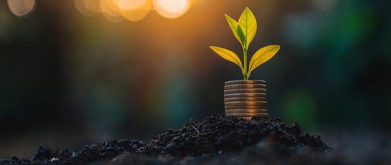 Coin Stack Concept with Plant Sprouting for Sustainable Energy Growth