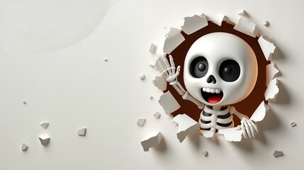 3D Cute Halloween Fun: Cartoon Skeleton Bursting Through a Wall