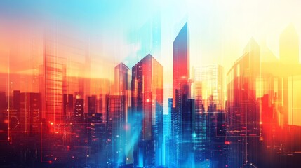 Abstract technology background with blurred cityscape and geometric shapes in vibrant colors