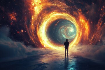 Wall Mural - A man stands in front of a large hole in the ground