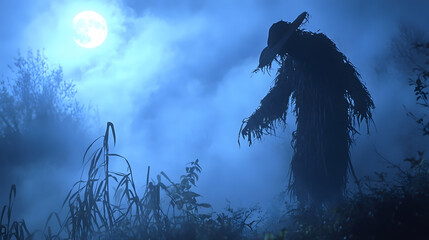 a man dressed as a scarecrow in the middle of the forest with the full moon on the spooky halloween night