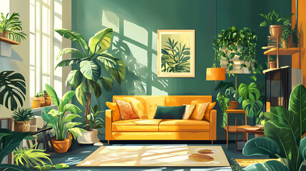 An urban jungle apartment filled with various indoor plants, modern furniture, and natural materials. emphasize a relaxing, green living environment. Urban Jungle. Illustration