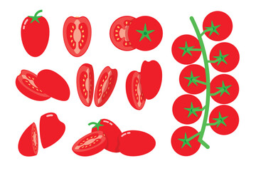 Wall Mural - Set of Cherry Tomatoes, Farm fresh red Tomato product emblem for grocery shop, Slides, long and cross sections, and different positions, simple flat vector illustration of vegetables and fruits.