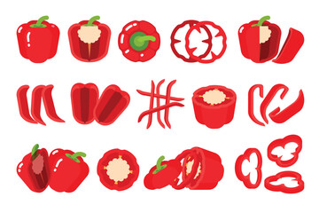 Wall Mural - Set of Red Bell Pepper, Farm fresh Pepper product emblem for grocery shop, Slides, long and cross sections, and different positions, simple flat vector illustration of vegetables and fruits.