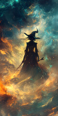 Cackling witch in a swirling mist