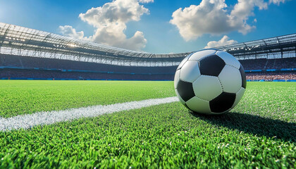 Soccer ball in soccer goal net in a big stadium