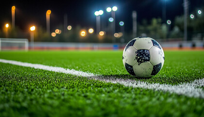 Soccer ball in soccer goal net in a big stadium