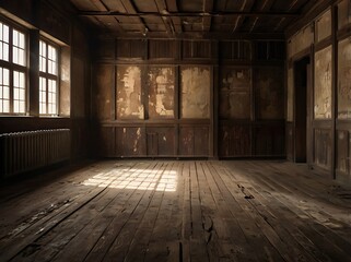 Old abandoned house living room indoor view textured rotten brown and white wall