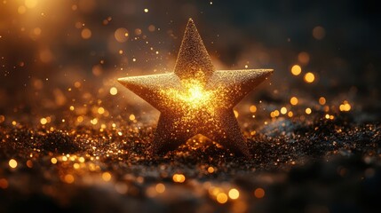 radiant golden star emerging from darkness with dramatic lighting effect symbol of achievement and recognition casting a warm glow elegant representation of success and aspiration