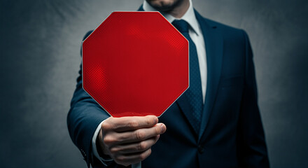 Stop sign held by businessman signaling to stop with focus on authority and caution