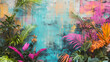 © Thiago - Vibrant tropical jungle mural with colorful abstract nature painting on a wall. featuring exotic flora and botanical artwork. acrylic paint. and artistic illustration. Urban Jungle. Illustration