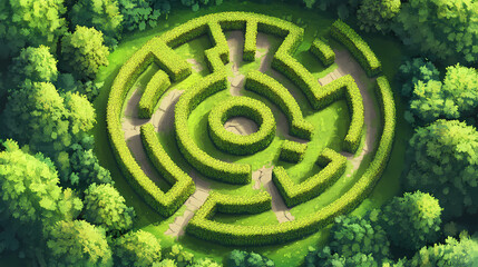 A maze is shown in a lush green field with trees and bushes. the maze is surrounded by a hedge and has a circular shape. concept of adventure and exploration. Labyrinth. Illustration