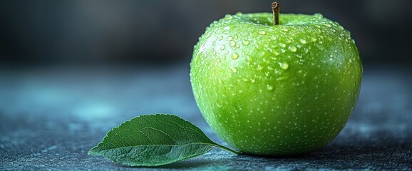 Sticker - Closeup of a fresh green apple with water droplets and a leaf on a dark background.