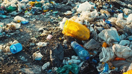 A landfill site with plastic waste scattered everywhere, contributing to environmental degradation and pollution.