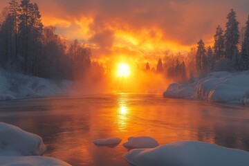 Sticker - A wintery sunrise casts a warm glow over a frozen river.