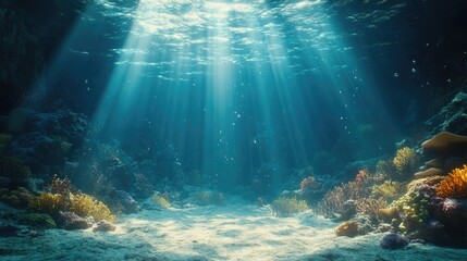 Wall Mural - An expansive underwater ocean scene with sunbeams penetrating the water and illuminating the sea floor, creating a tranquil and beautiful background.