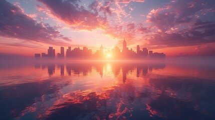 Wall Mural - Cityscape at Sunset with Reflection on Water