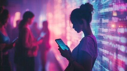 Poster - Individuals are deeply focused on their smartphones, surrounded by luminous digital numbers and a sense of isolation in a virtual environment. Generative AI