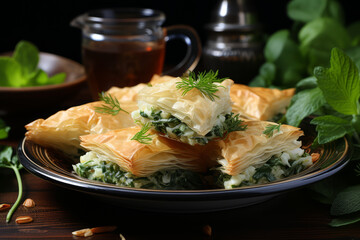 Poster - Spinach and feta pastry bites, a savory and flaky snack perfect for entertaining. Concept of savory pastry. Generative Ai.