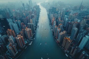 Canvas Print - Aerial View of Cityscape with River