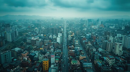 Canvas Print - Aerial View of a Cityscape in the Evening