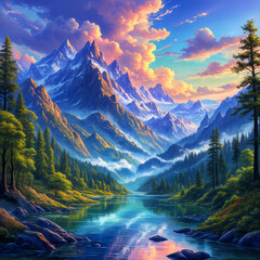 Wall Mural - A serene landscape featuring a majestic mountain range, a tranquil river, and lush greenery under a vibrant sky.