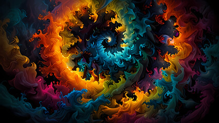 Wall Mural - Vibrant, colorful smoke spiraling and twisting in a chaotic yet harmonious way, creating an abstract landscape of color and texture